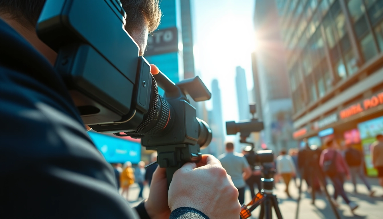 Videographer capturing vibrant city life in an urban setting with dynamic action.