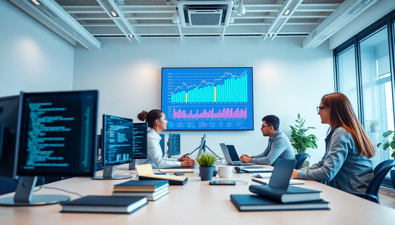 Software engineering team collaborating in a modern office, showcasing innovation and technology.