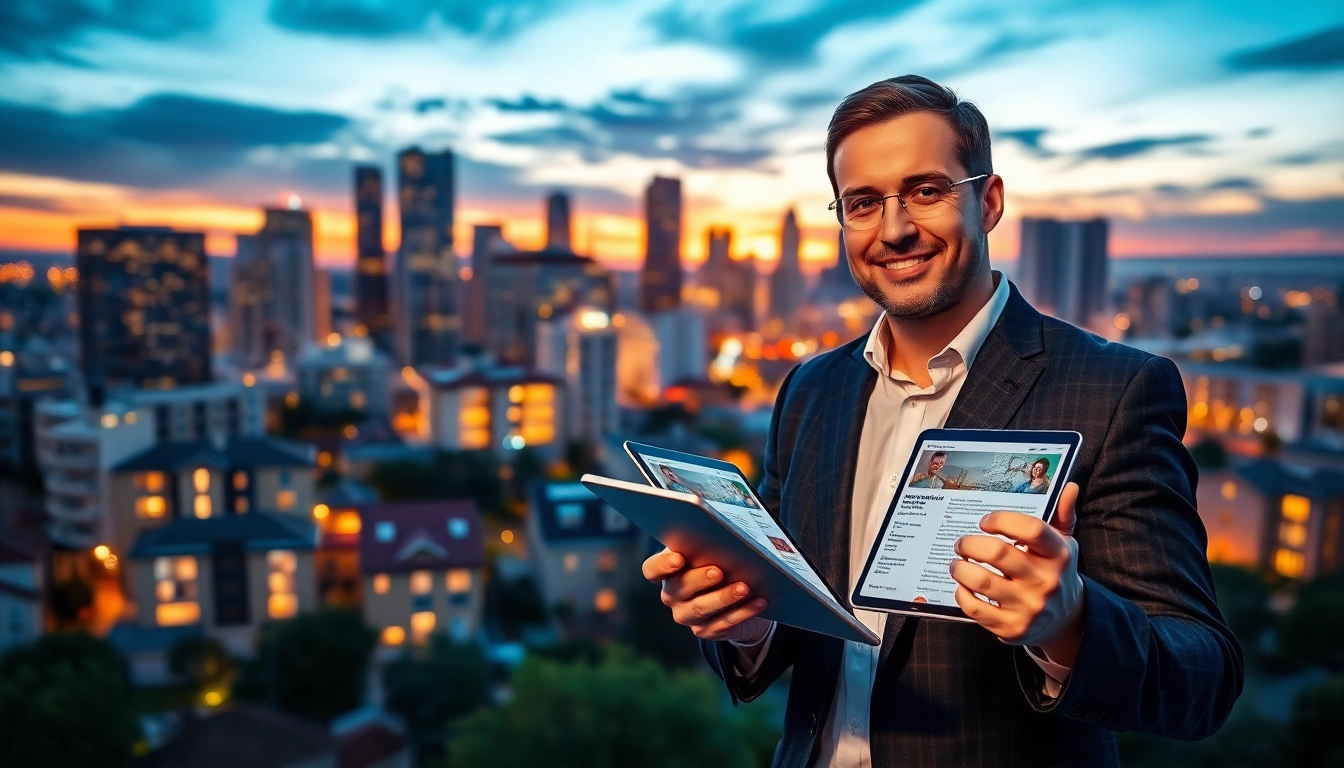 Real Estate agent showcasing properties with a vibrant city skyline