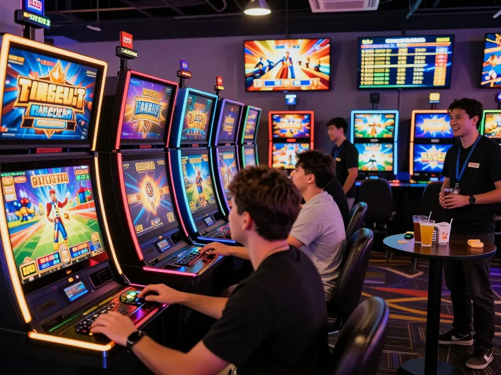 Exciting slot gacor gaming scene with players enjoying vibrant machines in a lively atmosphere.