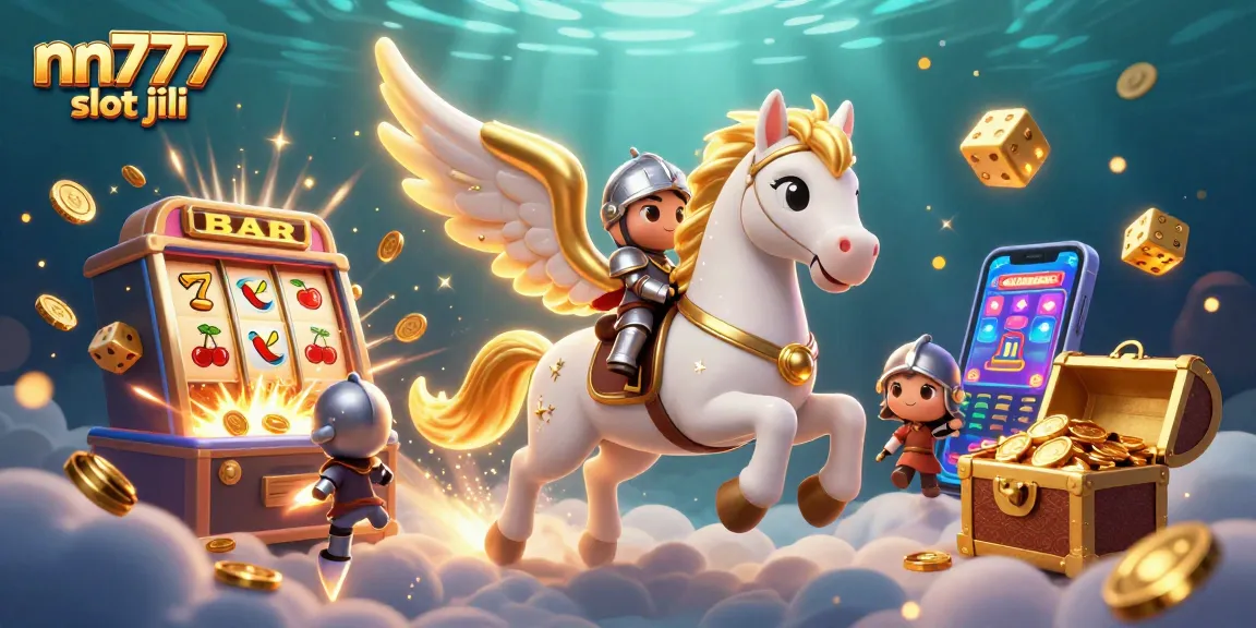 Play nn777 slot jili with a celestial horse and knight amidst a jackpot explosion.
