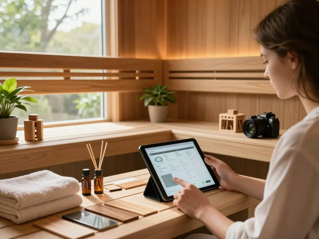 Sauna configurator used by a user in a calming home spa environment.