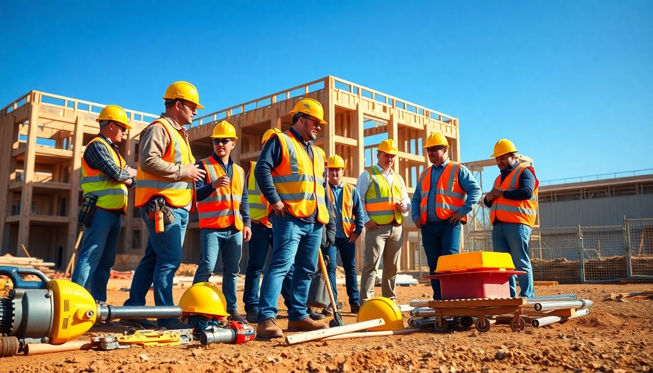 Construction workers represent the construction association North Carolina while collaborating on a busy site.