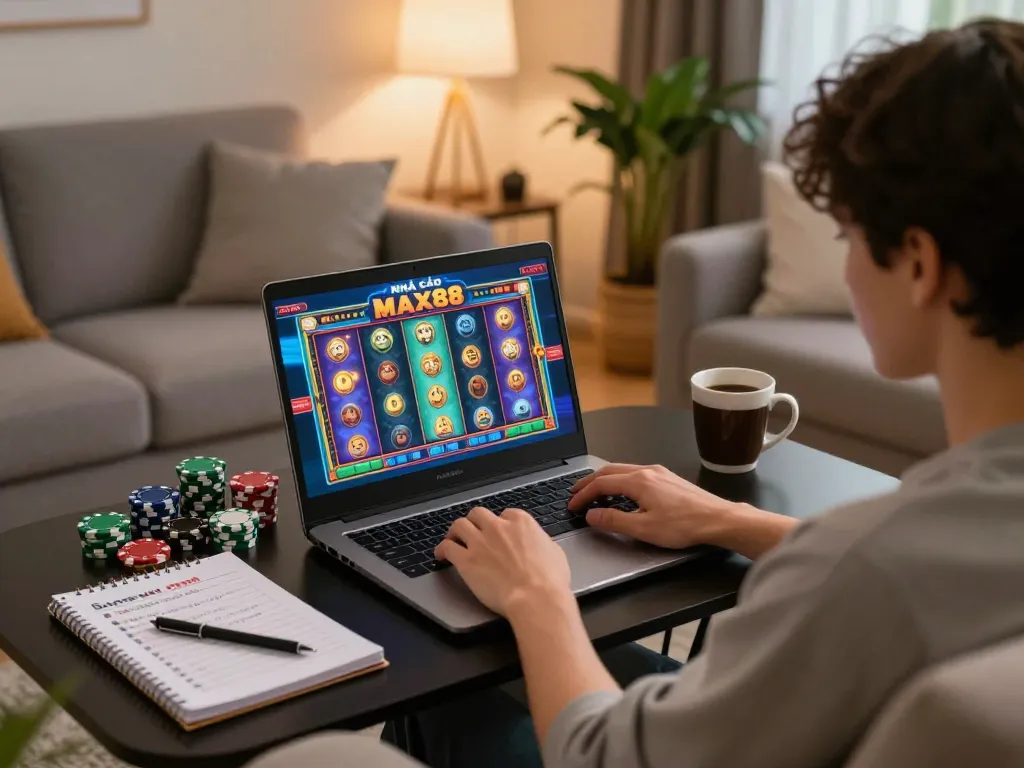 Player engaging in gambling at NHÀ CÁI MAX88 from home, enjoying a colorful slot game.