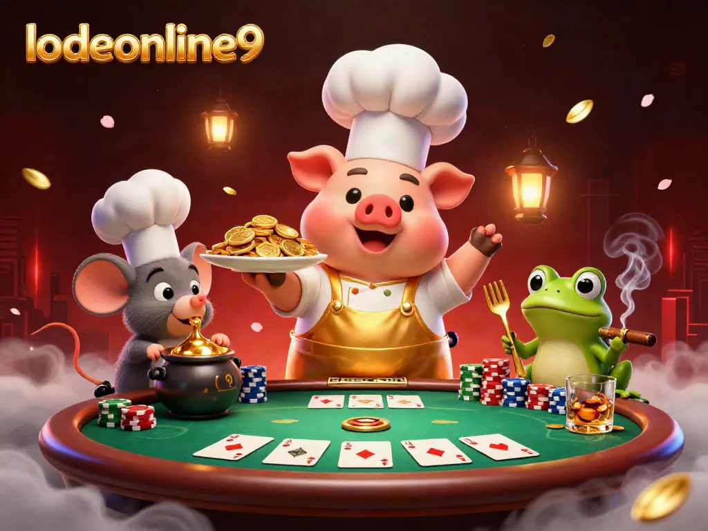 Experience the vibrant lodeonline9 casino scene with a gourmet pig chef serving golden coins amidst poker action.