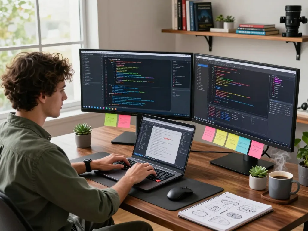 Developer using molt bot in a modern tech workspace with coding setup, natural light, and creative elements.