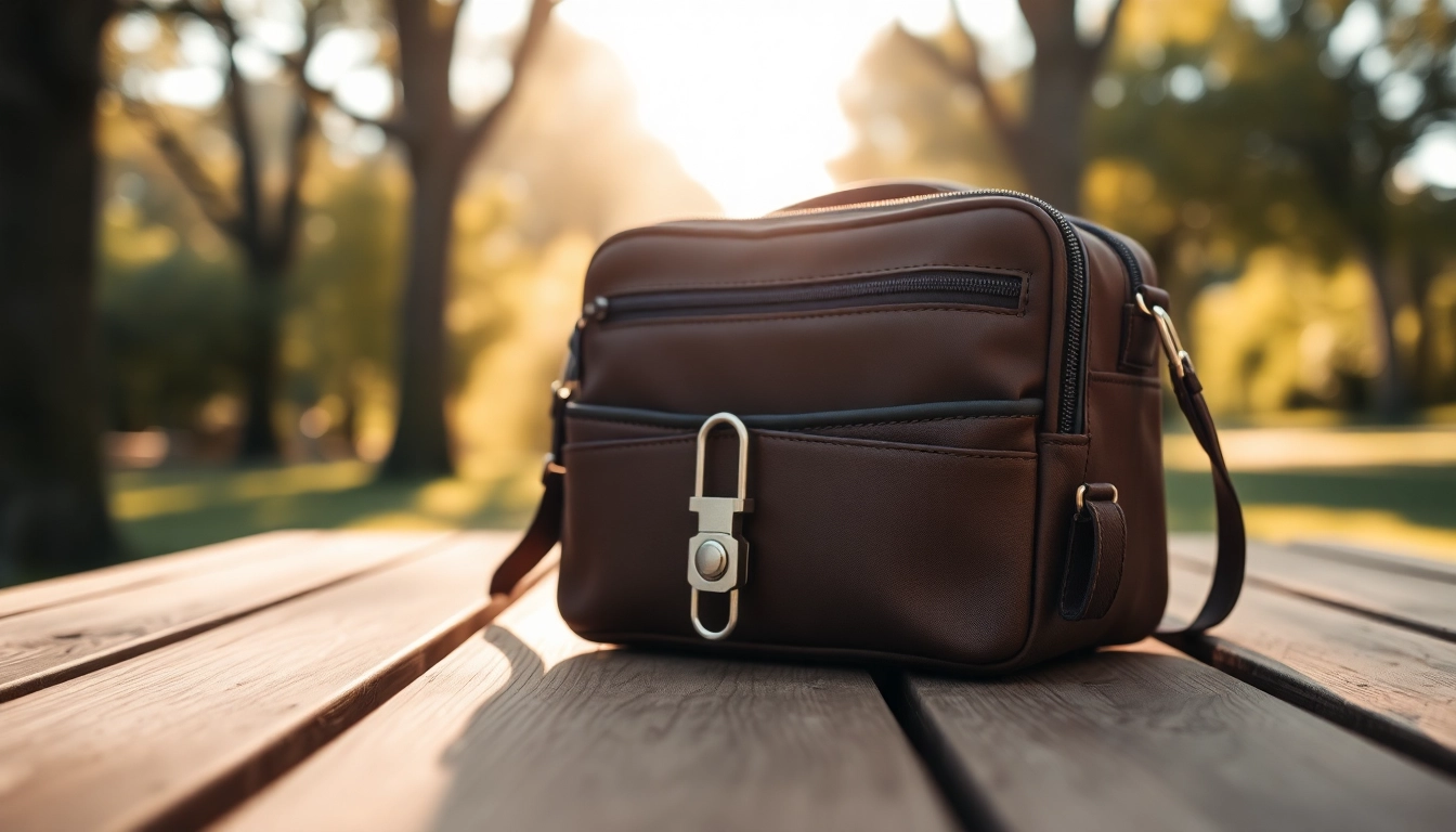 Handy Tasche abschließbar mit sicherem Verschluss und praktischen Fächern auf einem Tisch.