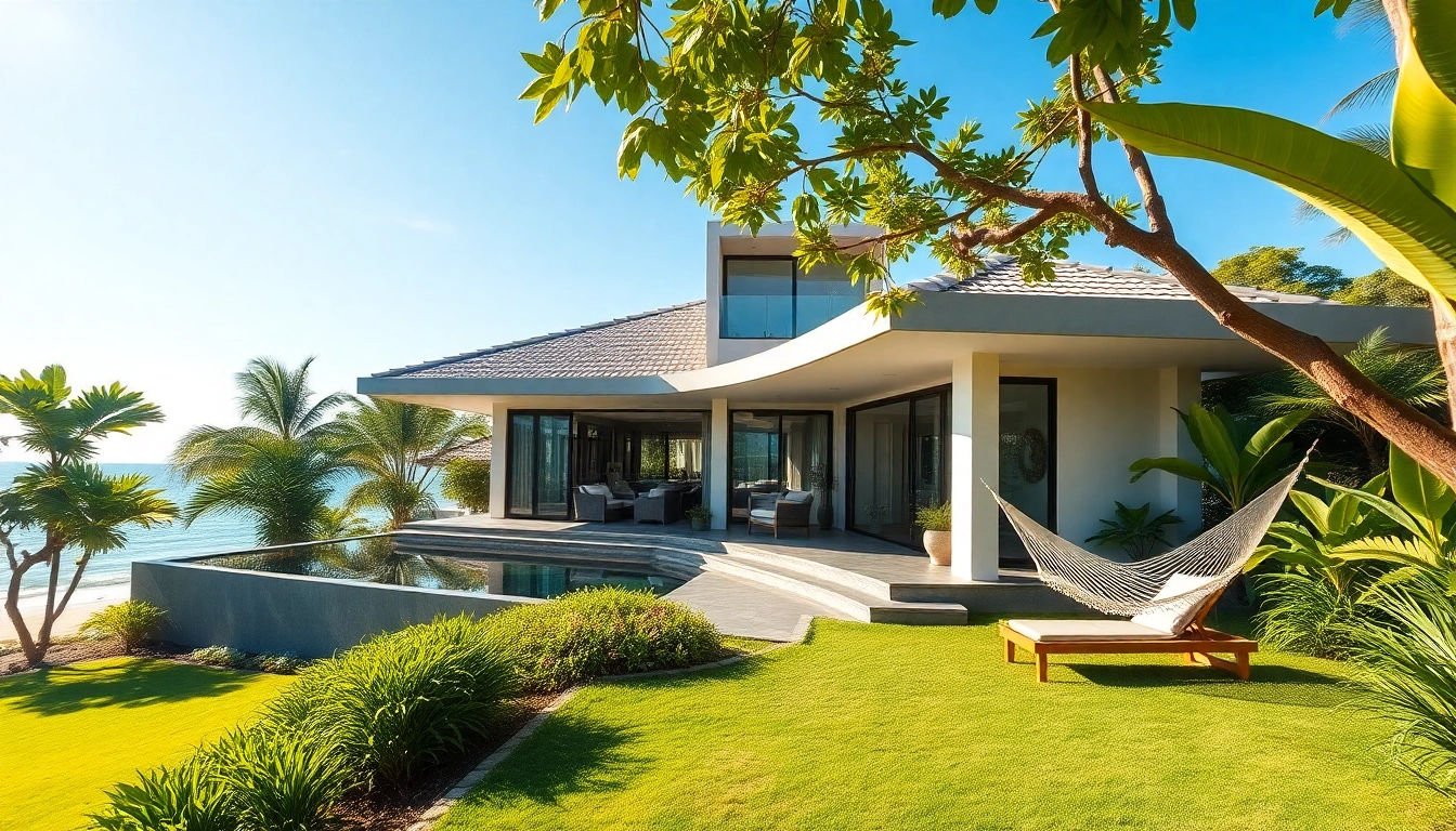 Pattaya property features a modern beachfront villa with lush gardens and ocean views.
