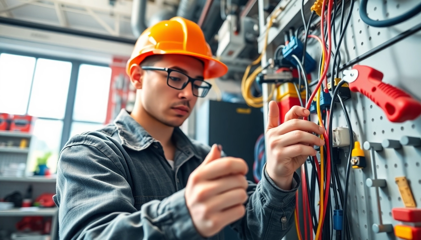 Electrician apprenticeship: A focused apprentice wiring electrical components in a bright workshop.