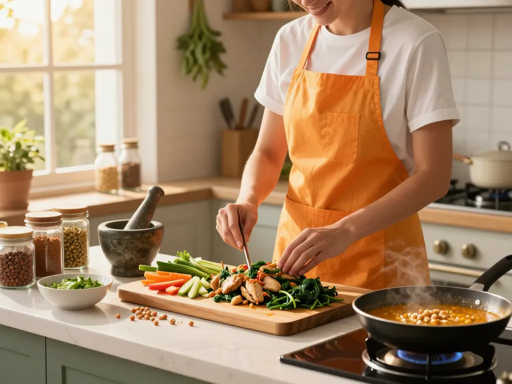 Delicious swimming rama recipe featuring chicken and peanut sauce being prepared in a warm kitchen.