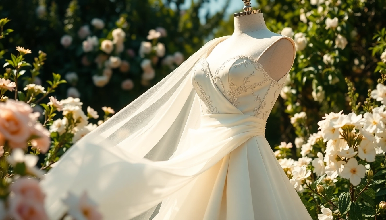 Showcase of Rebel Designerwear wedding attire in a charming garden setup with floral details.
