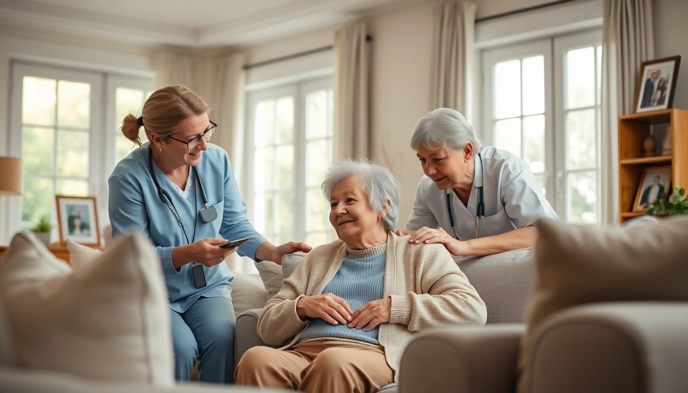 Caregivers providing compassionate in home care austin tx to an elderly individual in a warm environment.