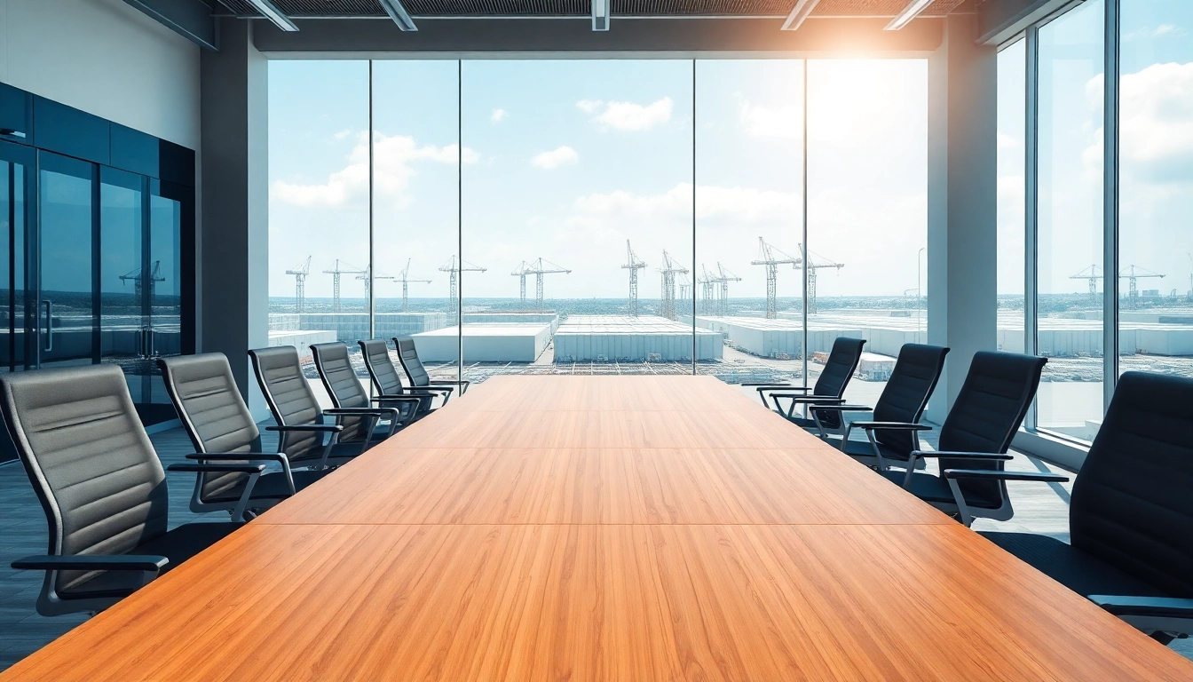 Discover modern office space for industrial leasing featuring a spacious conference table and vibrant industrial park view.