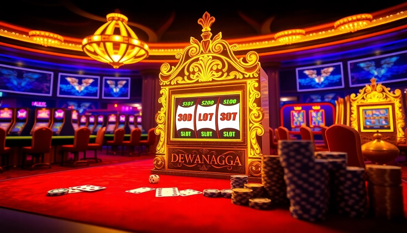 Mesin slot Dewanaga89 di tengah dekorasi kasino yang meriah, mengundang kegembiraan bagi penjudi.