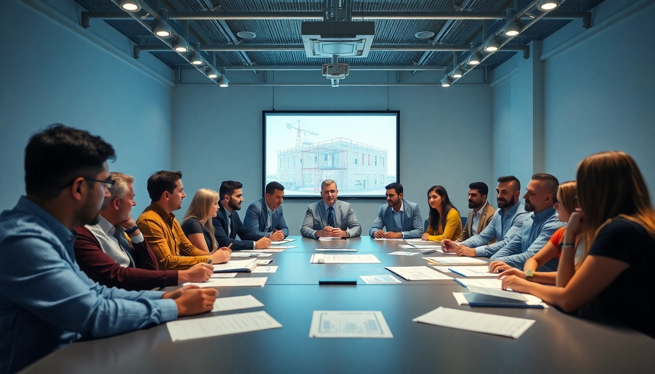 Engaged members of a construction association collaborating on innovative projects.