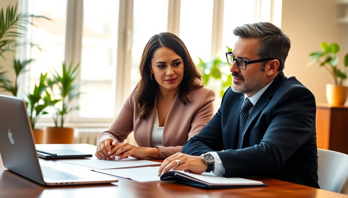Couple engaged in discussion about Family Law Financial Agreements in a professional office setting.