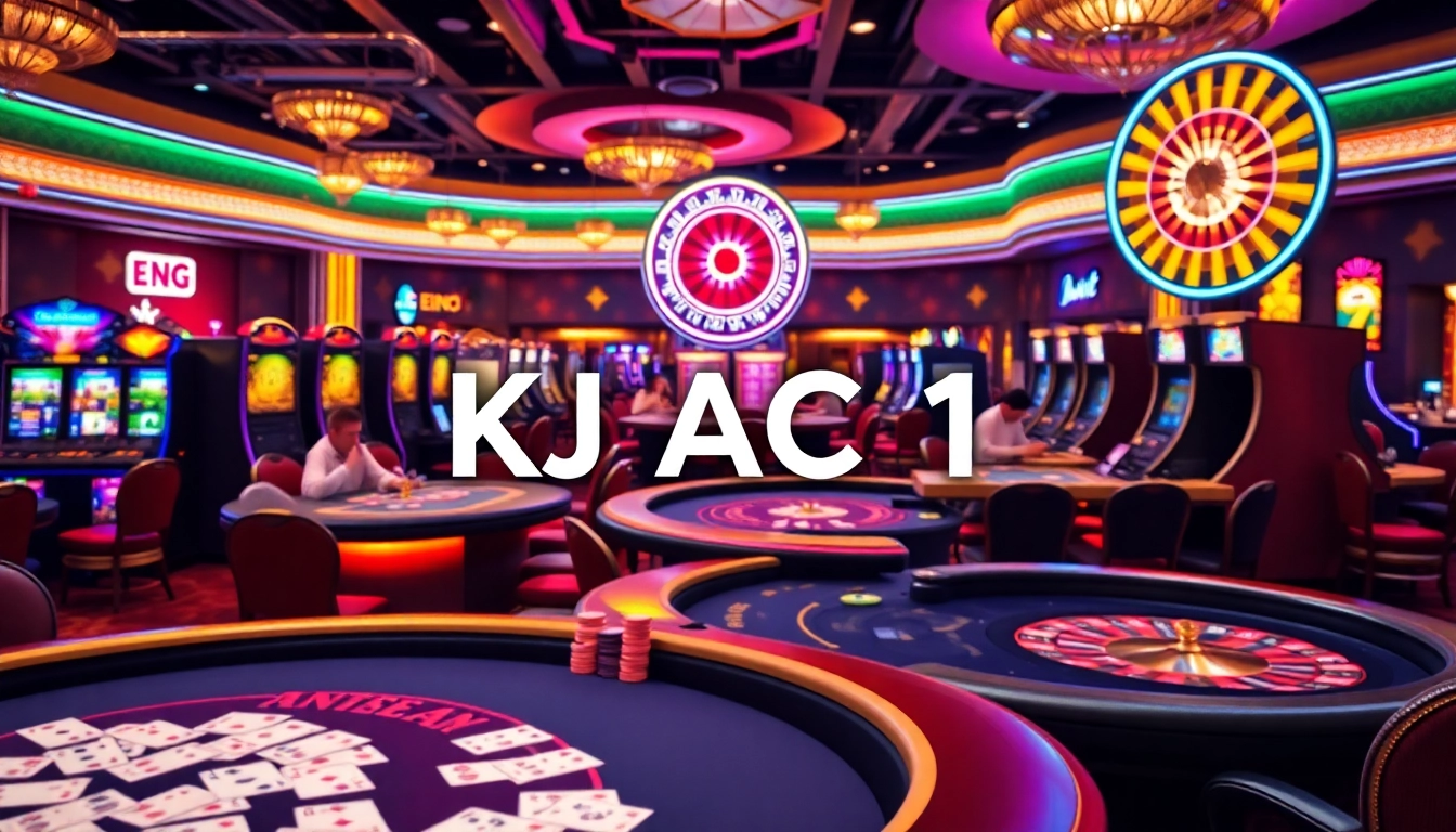 A thrilling casino scene showcasing poker tables, dice, and KJC AC 1 slot machines for an exciting gaming experience.