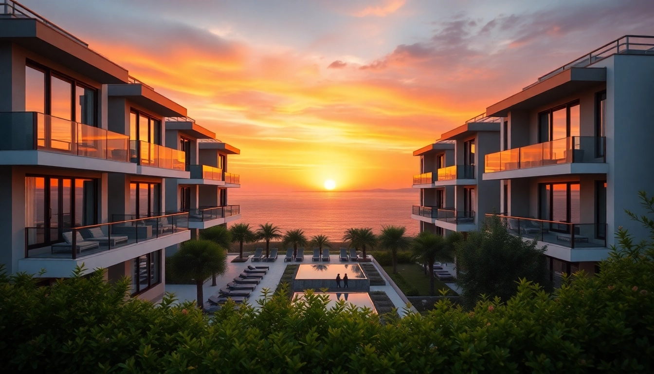 Explore luxury apartments for sale in Alanya, Turkey, set against a vibrant sunset backdrop.