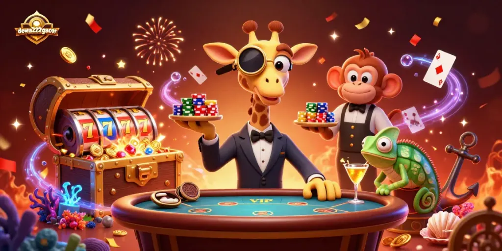 Engage in exciting gameplay at dewa222gacor, featuring vibrant characters and dynamic casino elements.
