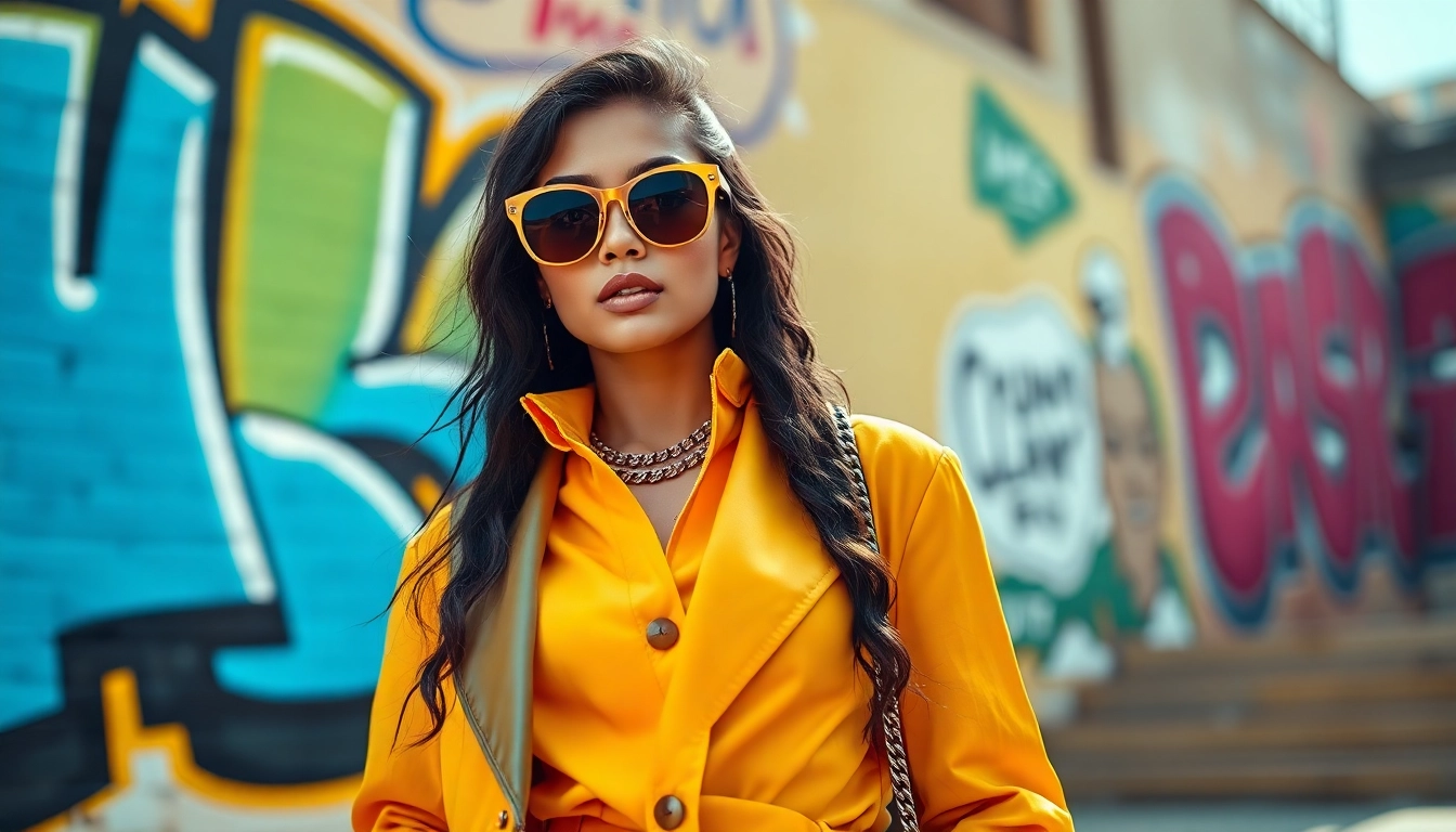 Fashion model confidently showcasing vibrant, stylish outfit in urban setting.