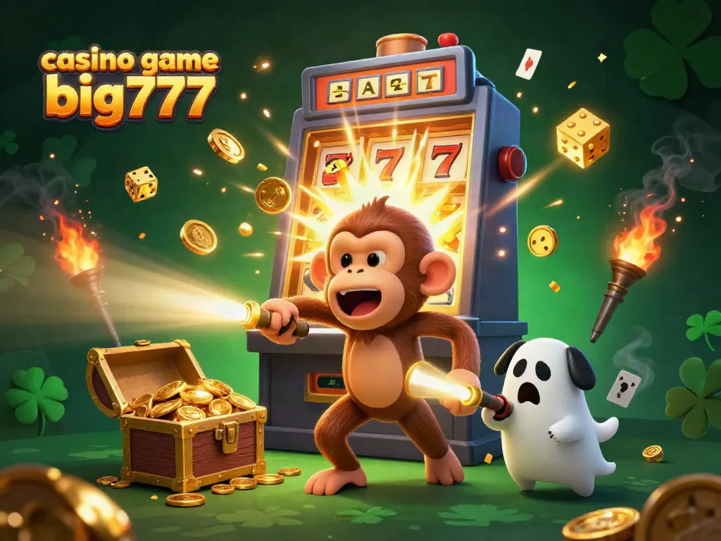 Experience the thrill of casino game big777 with a playful poltergeist monkey and a curious puppy in a dynamic casino scene.