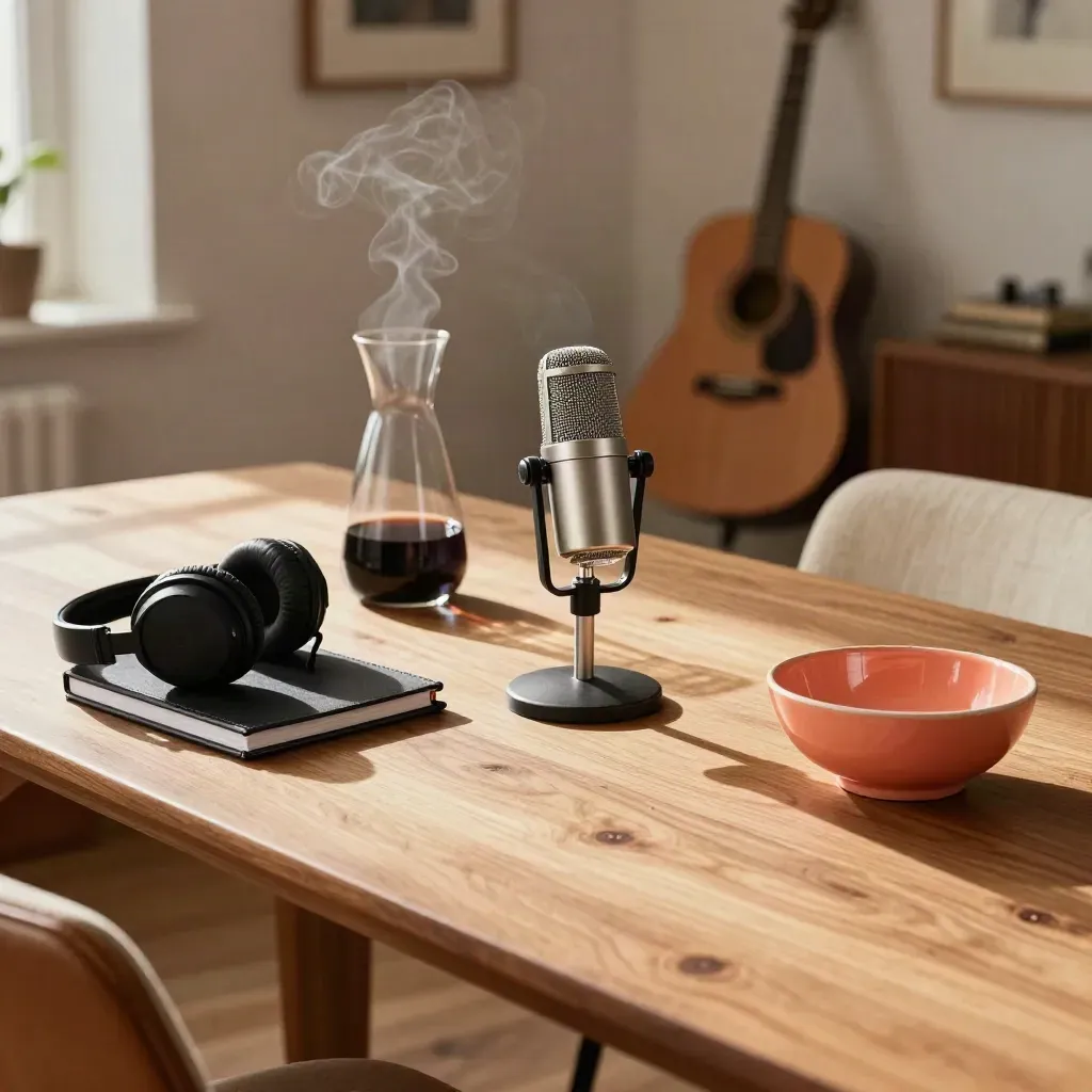 Warm podcast roundtable table with mic, headphones, carafe and coral bowl in soft window light.