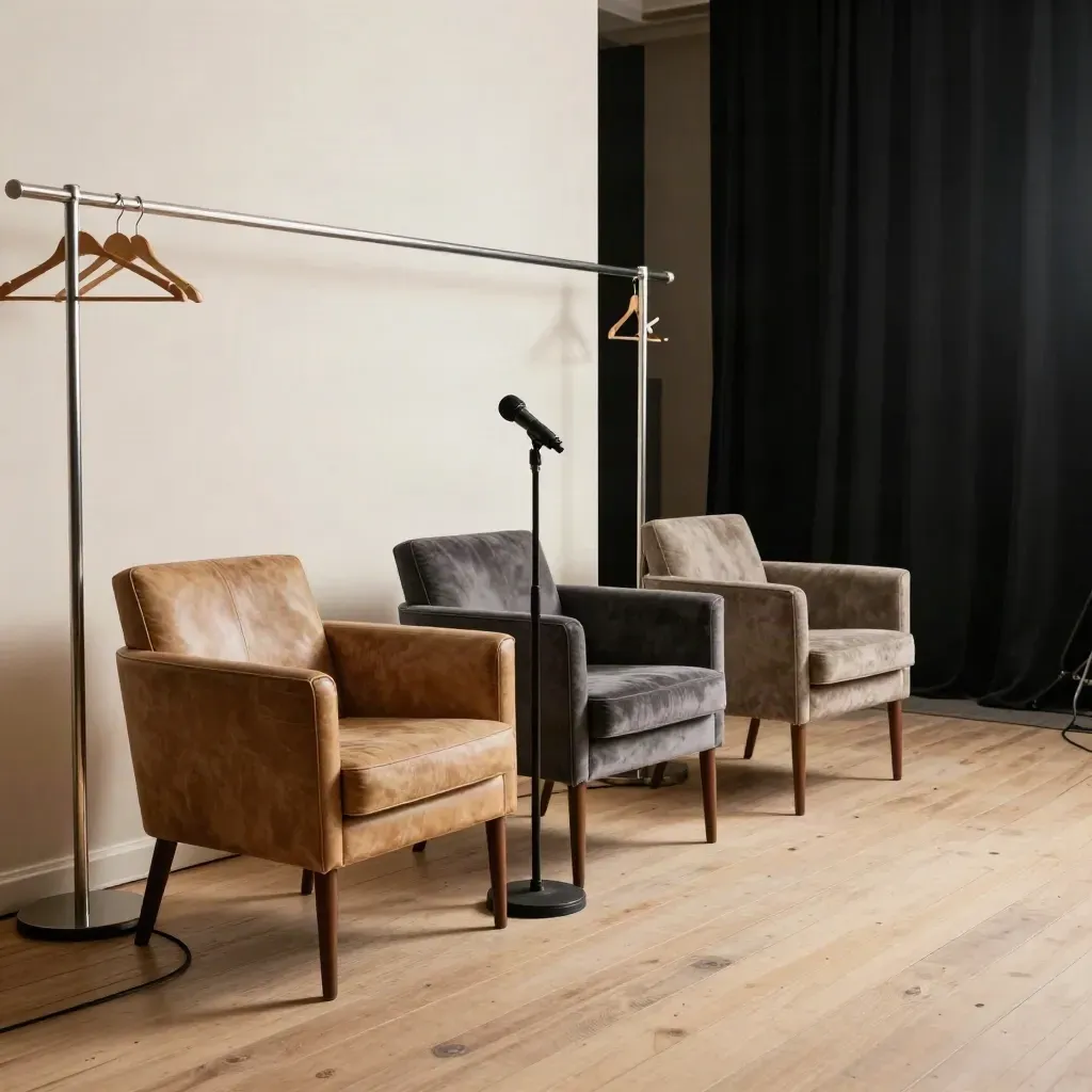 Empty backstage podcast lounge with three guest chairs, mic, and coat rack in soft warm light.