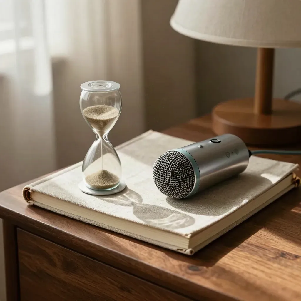 Sand timer, closed linen notebook, and podcast mic on a walnut side table in warm afternoon light.