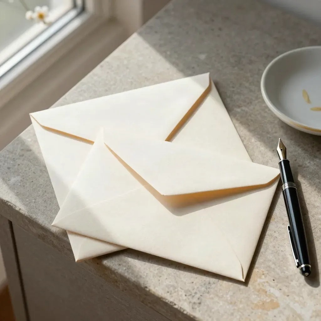 Cream listener mail envelopes, fountain pen and ceramic dish on stone sideboard, seen from above.
