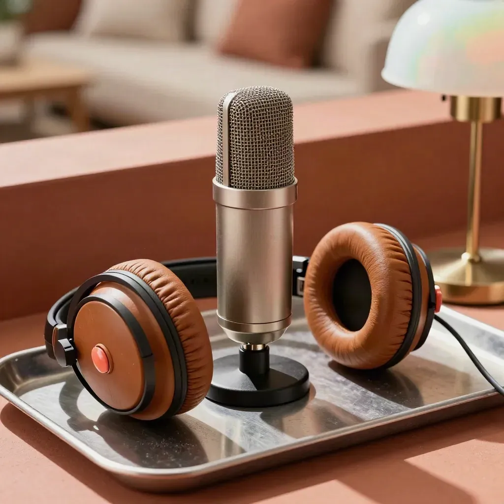 Macro podcast mic, headphones and lamp on a brushed tray in warm studio light.