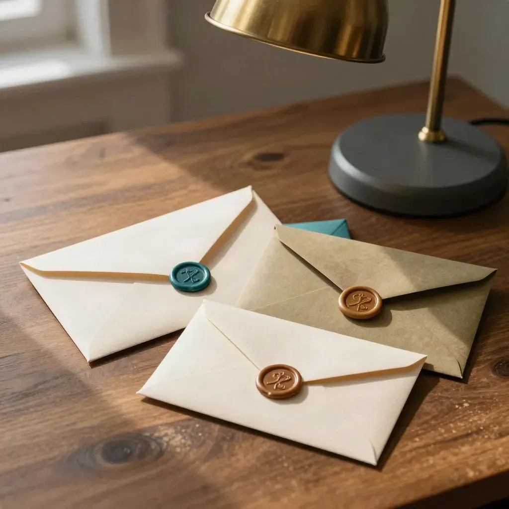 Listener envelopes, teal tabs, mic stand, and desk lamp on a walnut studio desk