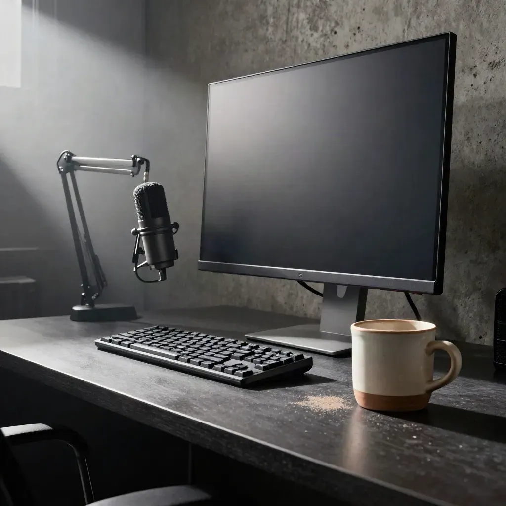 Low-side macro of a podcast comment desk with monitor glow, keyboard, mic arm, and clay mug.