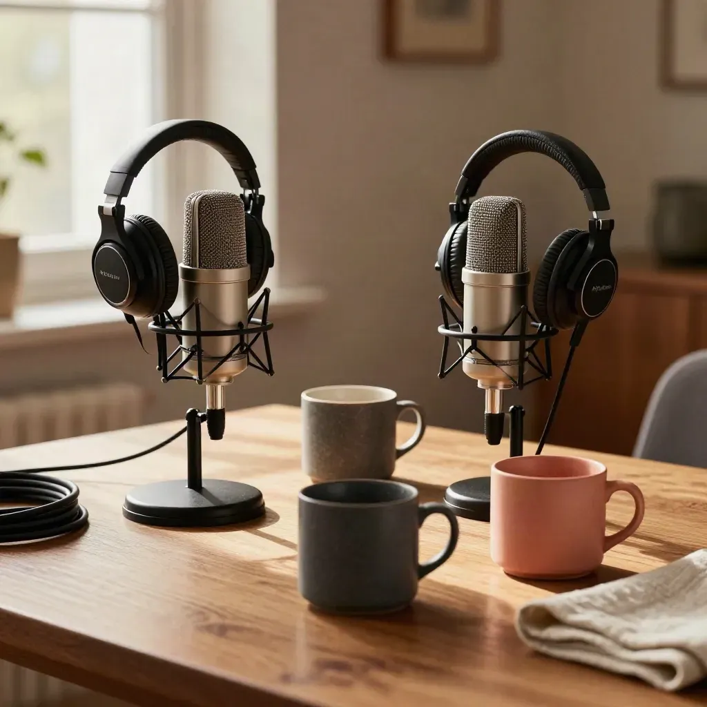 Podcast mics, headphones, and mugs on a warm studio worktable in late-afternoon light.