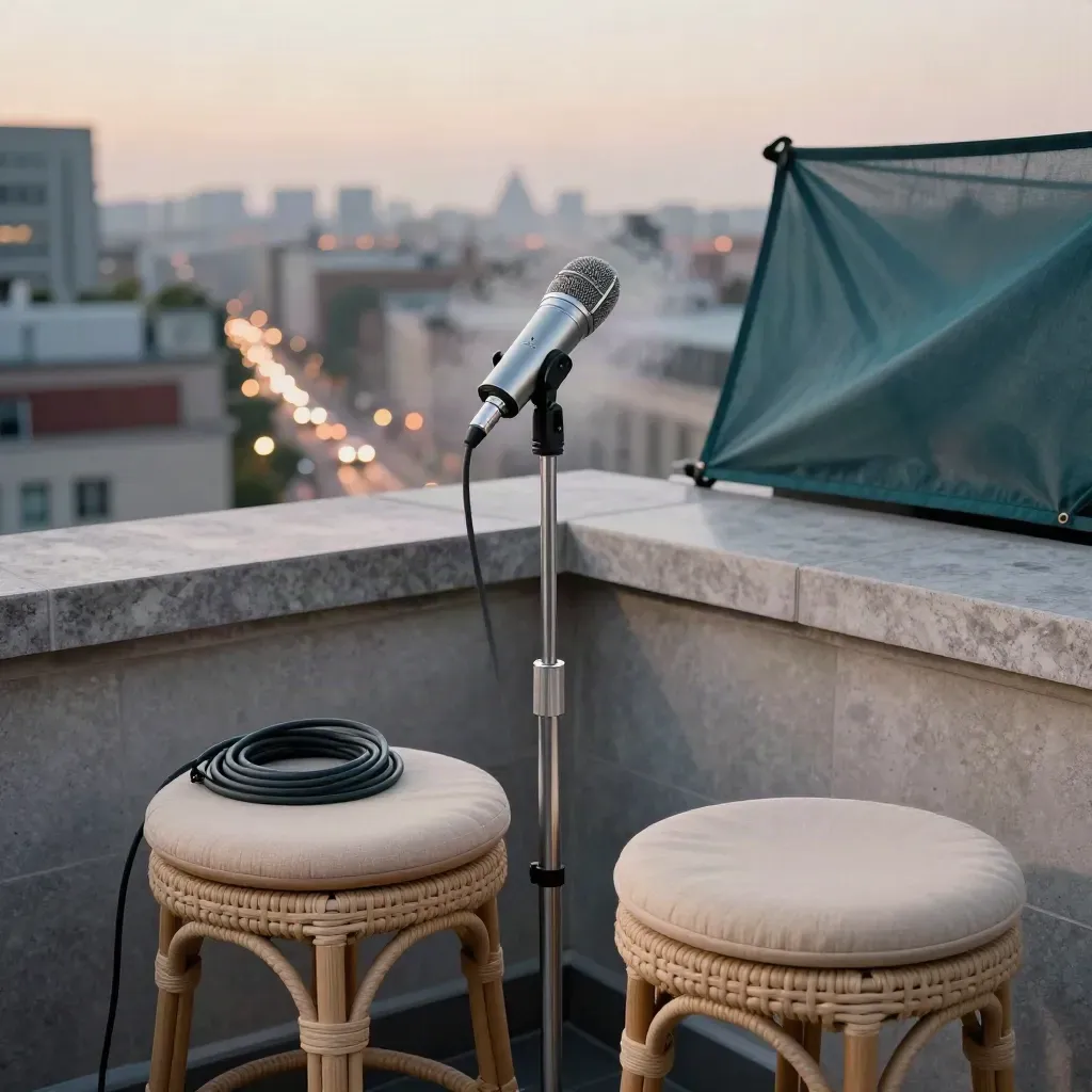 Rooftop mic and two stools with city lights beyond at dusk