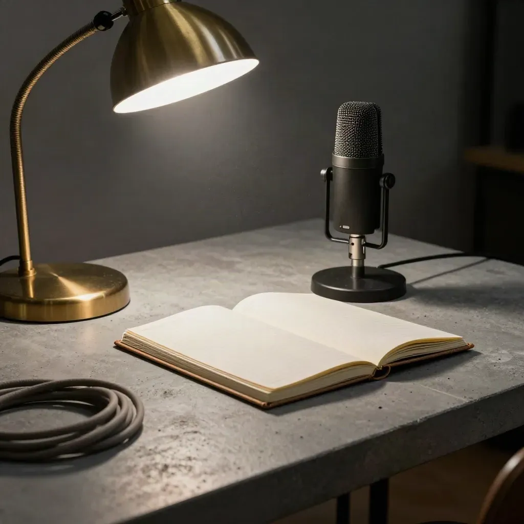 Low-angle podcast opinion desk with mic, closed notebook, and lamp in a dusty studio.