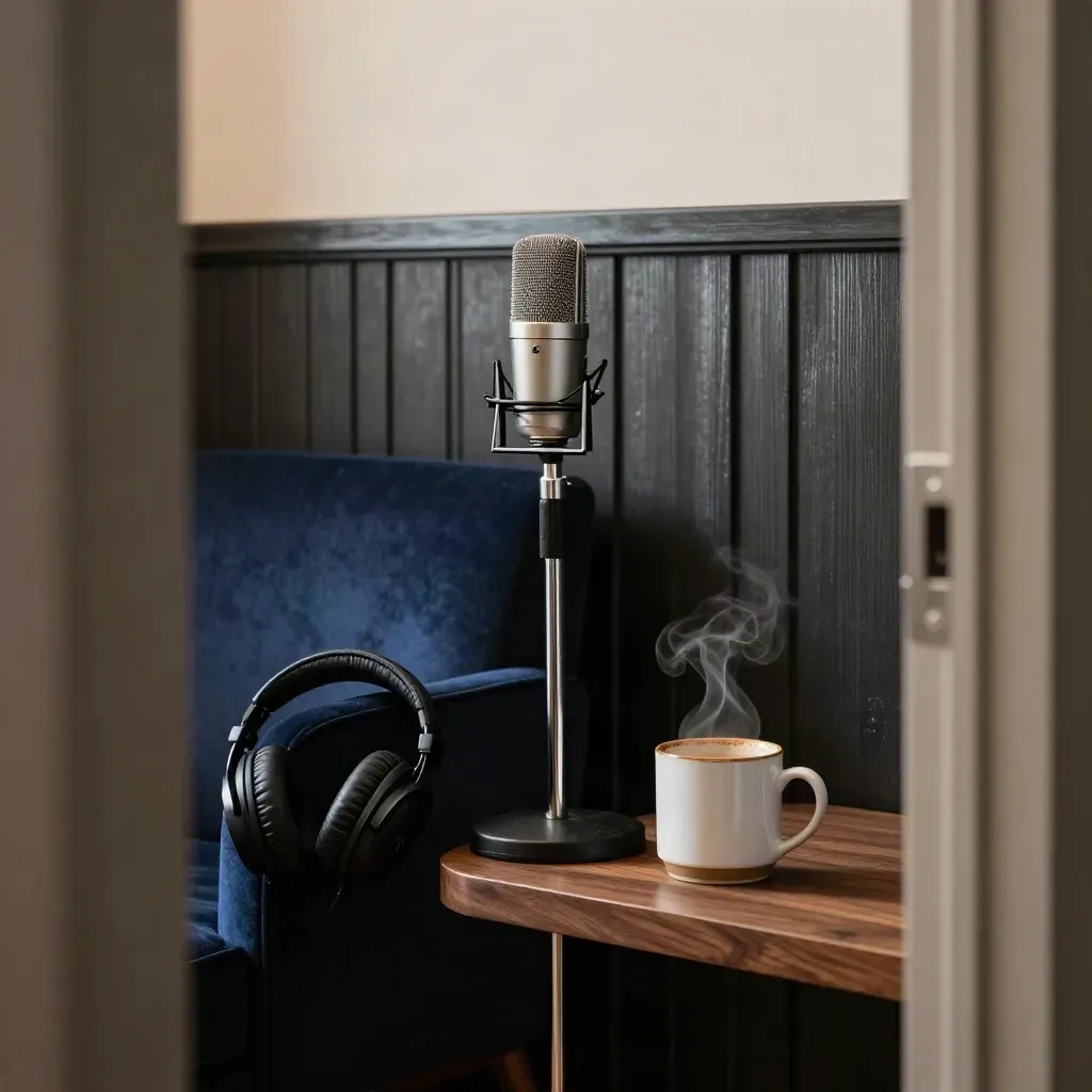 Podcast lounge corner with mic stand, headphones, mug, and soft evening steam.