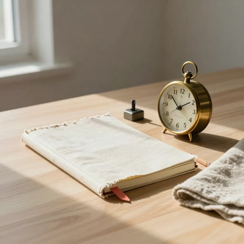 Closed linen notebook, brass timer, pencil and mic base on pale wood