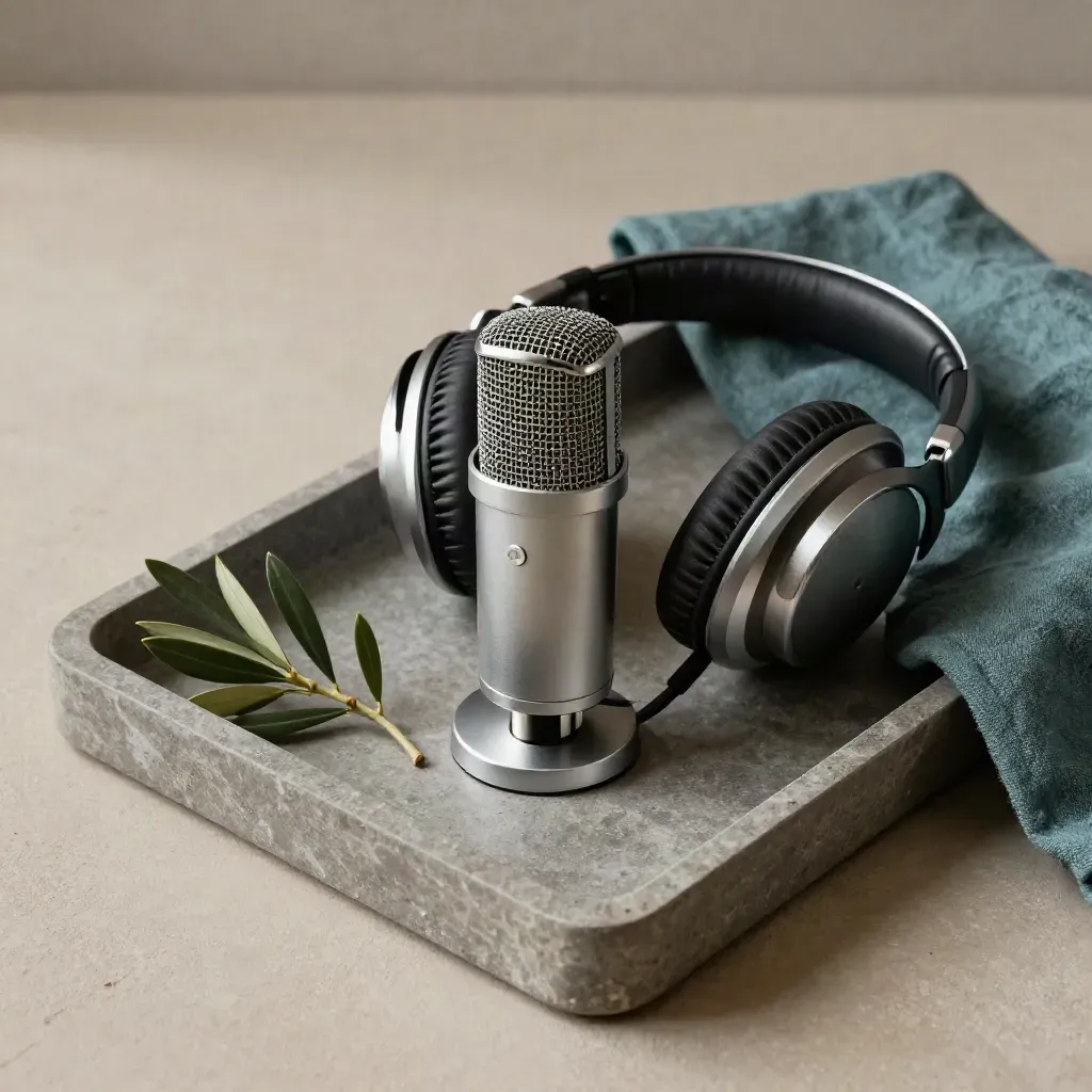 Top-down stone tray still life with podcast mic, headphones, olive branch, and teal linen.