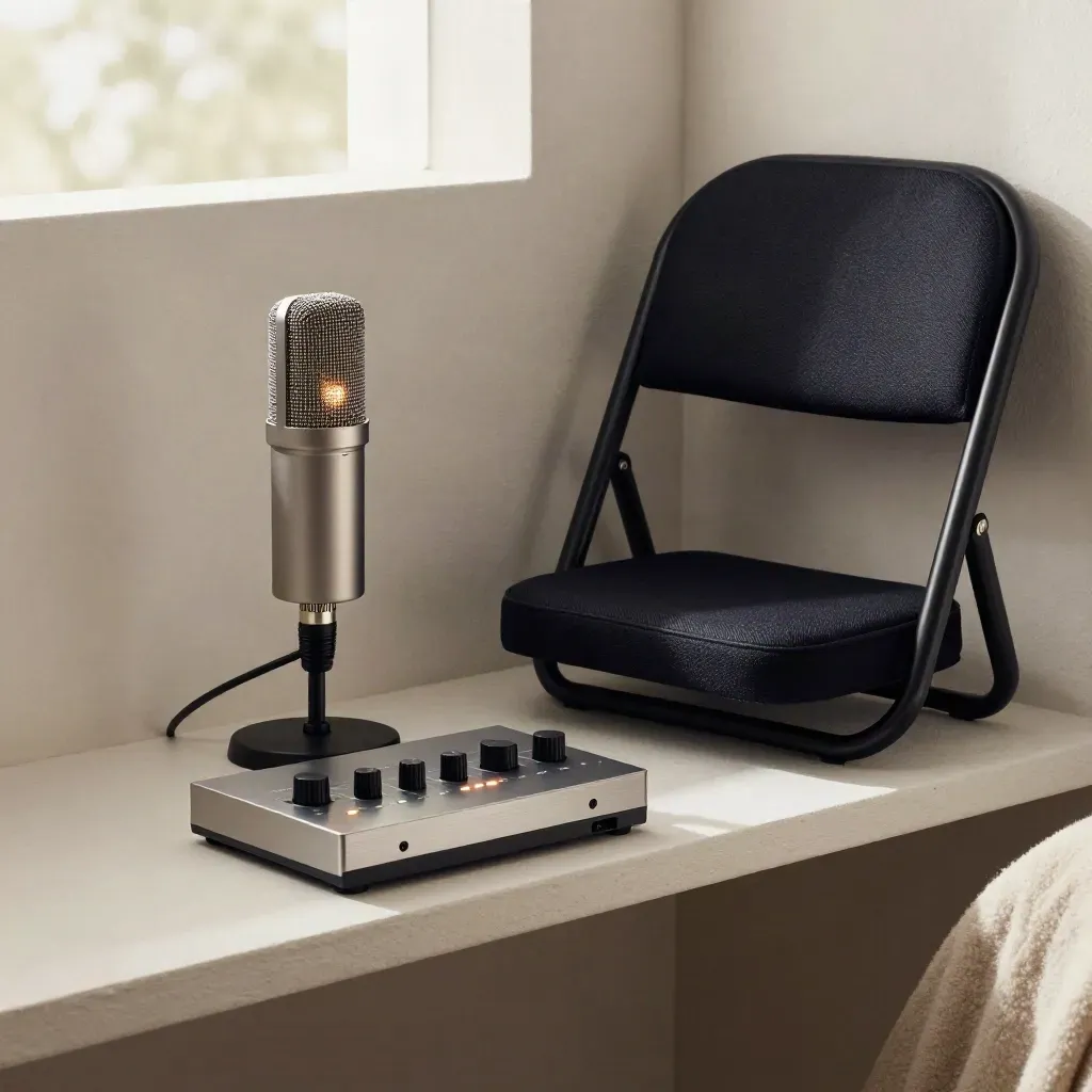 Room mic, audio interface and folded chair glowing in a studio corner with soft haze.