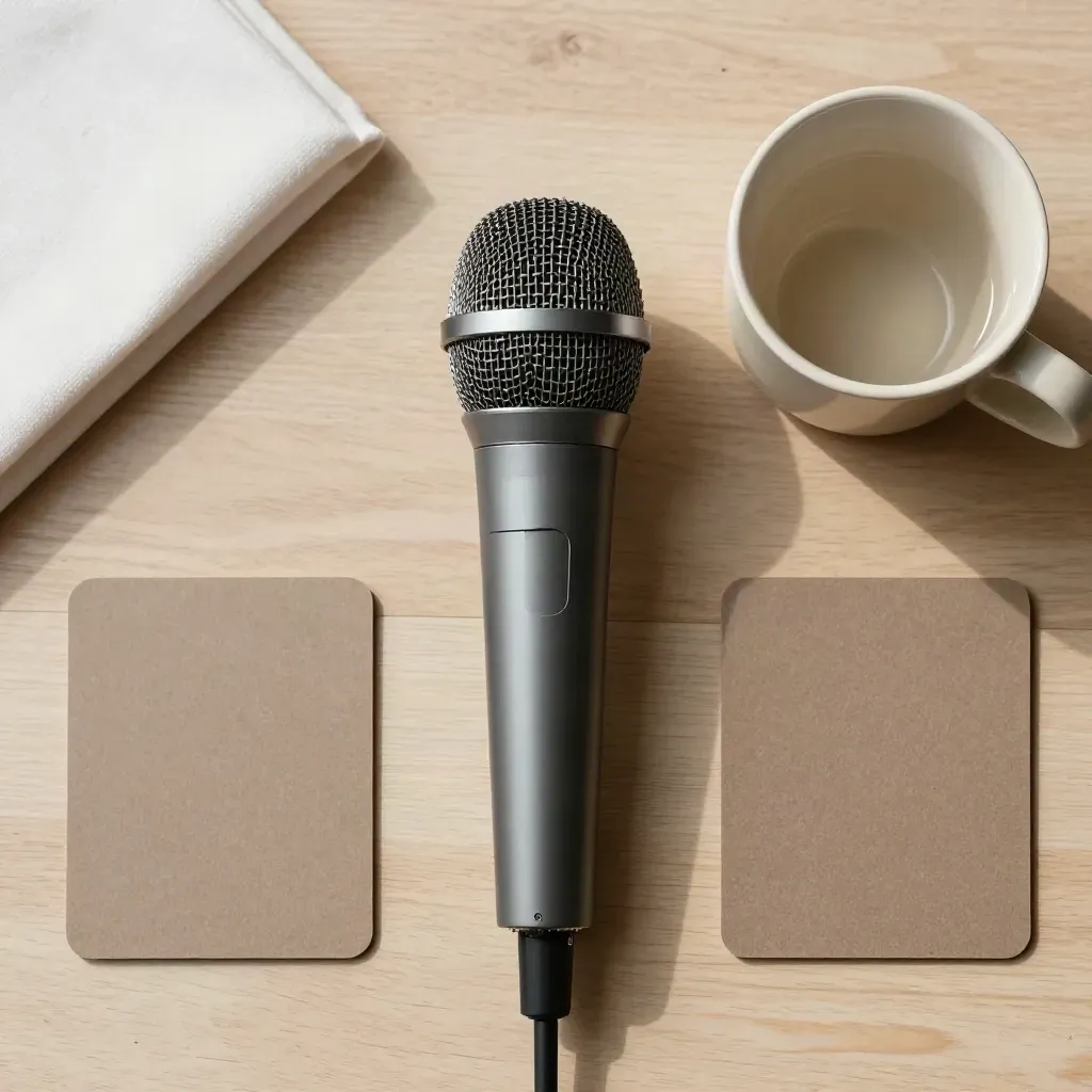 Overhead flatlay of a microphone, coffee cup, and face-down boards on pale oak.