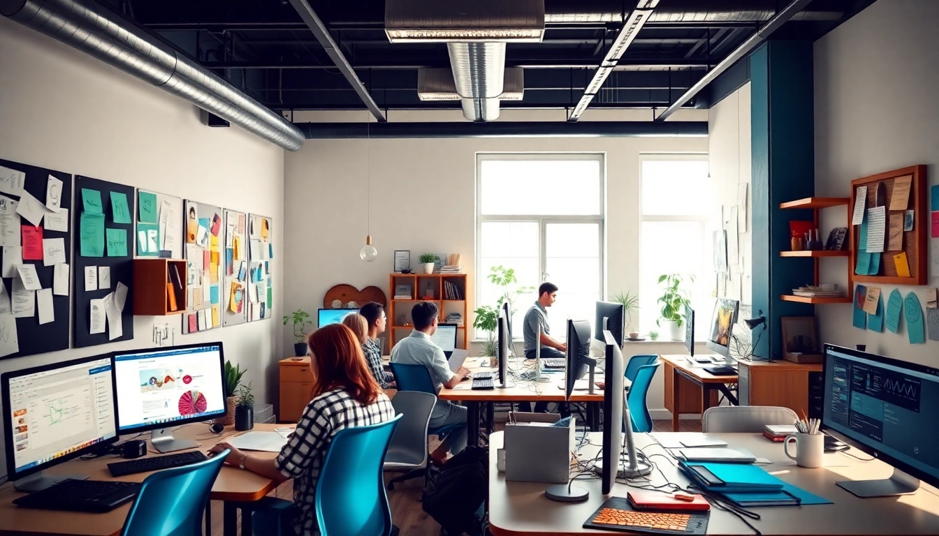 Webdesign Büro mit kreativen Designern, modernen Computern und lebhaften Moodboards.