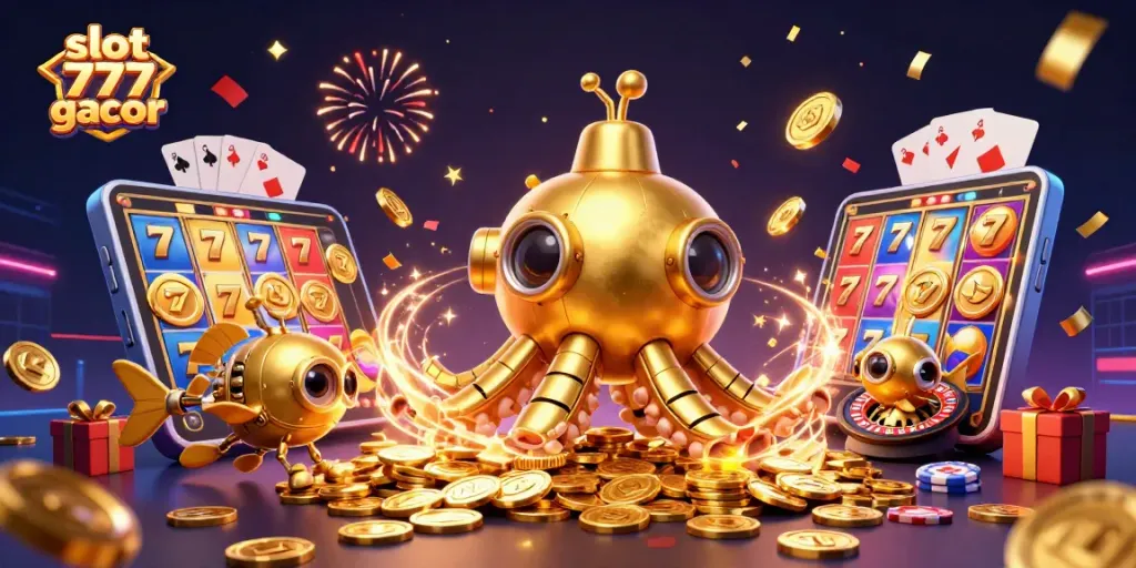 Menampilkan slot 777 gacor dengan permainan slot berwarna cerah, dipenuhi koin dan simbol keberuntungan