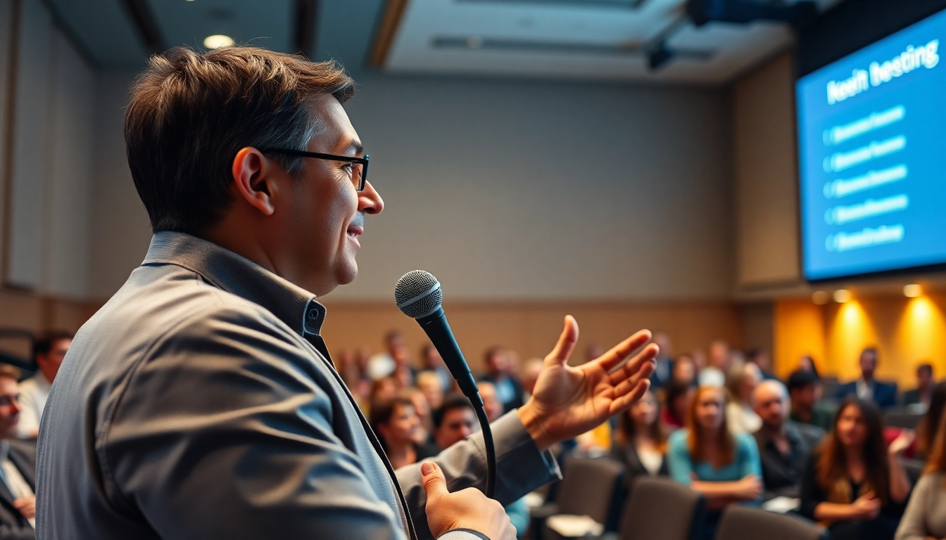 Public Speaking Coach engaging an audience during a vibrant presentation.