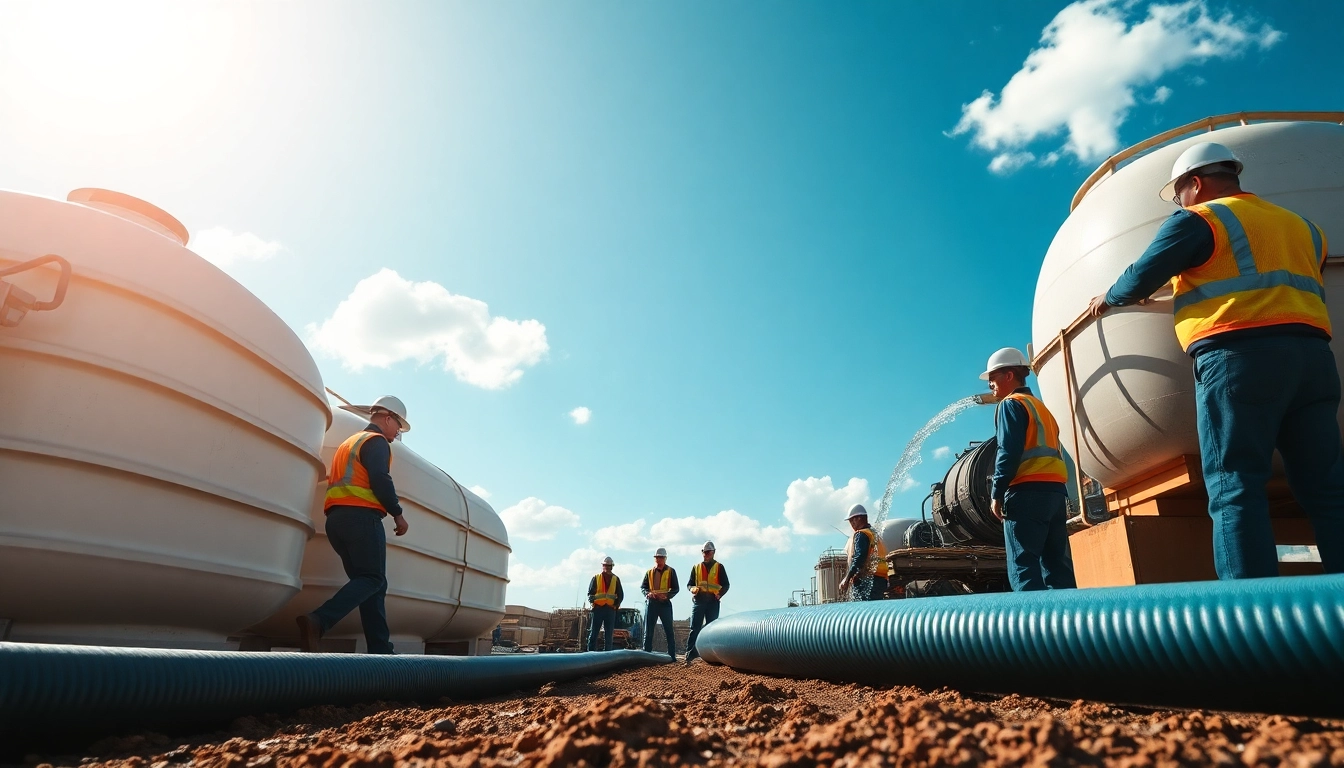 Showcasing industrial water transfer services with a professional team at work in a construction site.