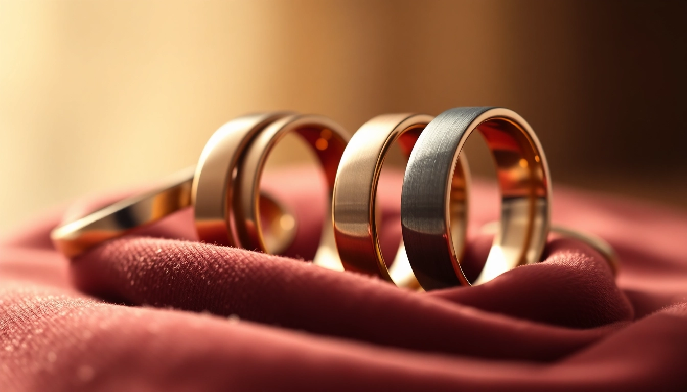 Showcasing beautiful tungsten wedding bands with smooth textures on velvet.