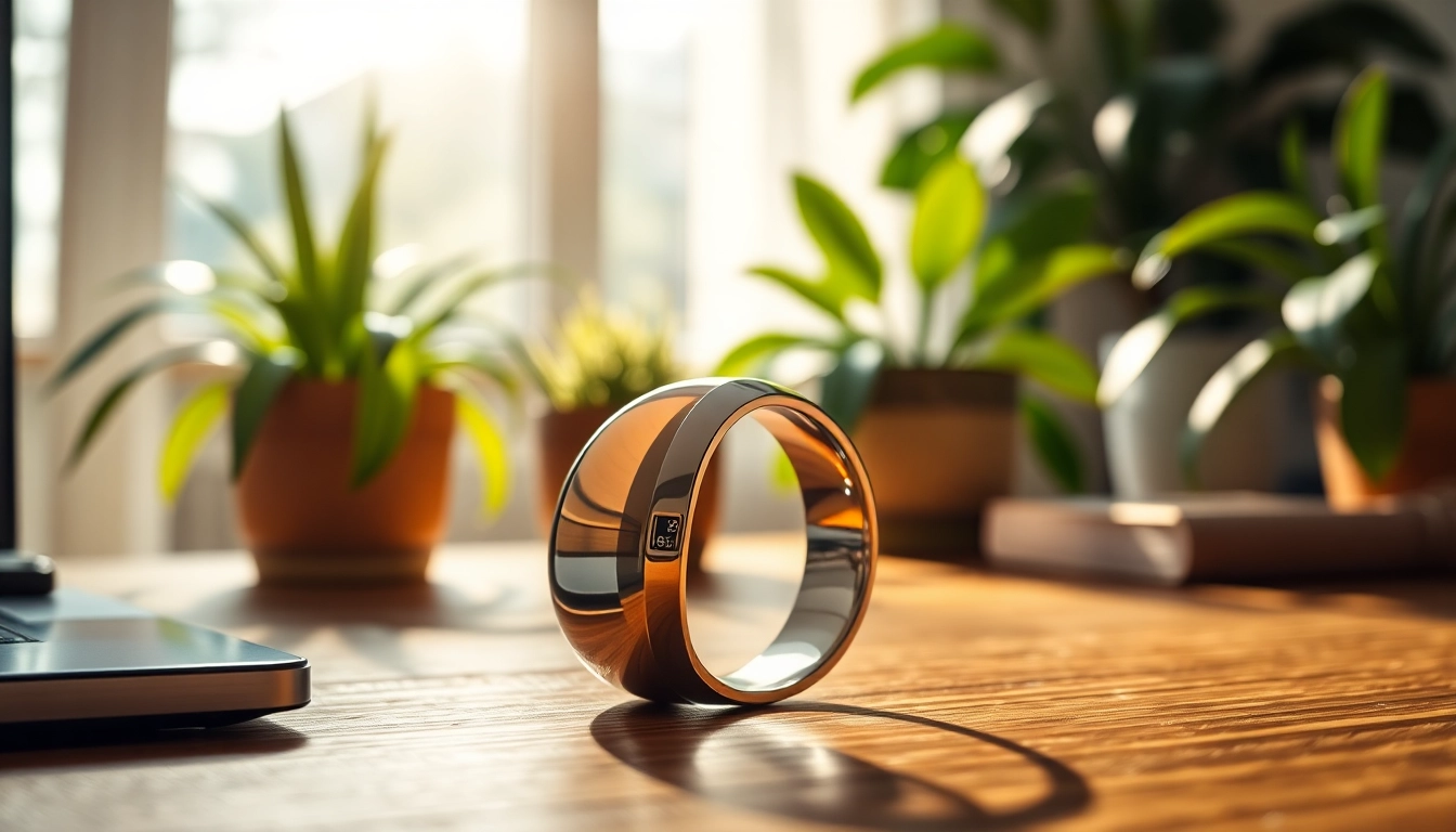 Showcase Ringconn smart ring on desk with elegant design and natural ambiance.