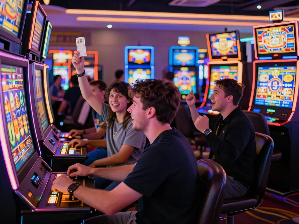 Permainan slot777 di kasino dengan pemain merayakan kemenangan jackpot.