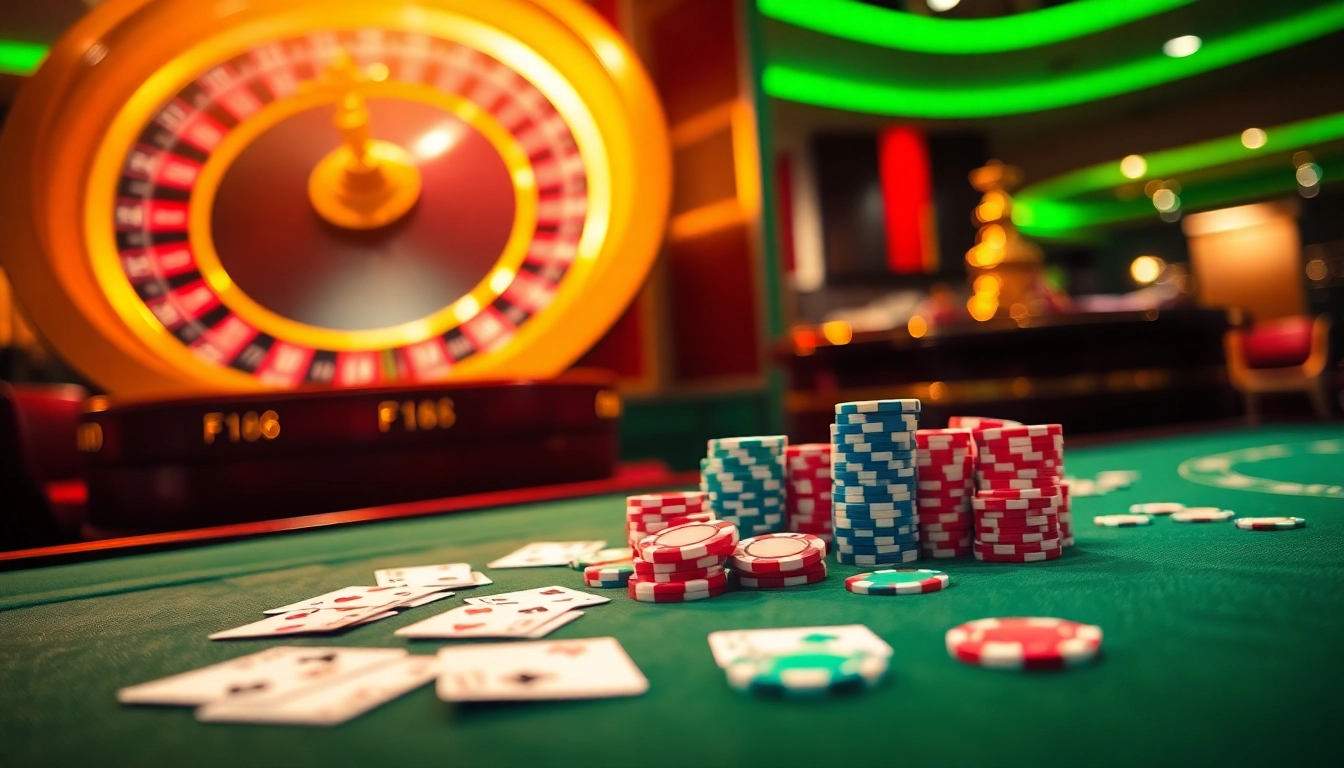 F168 offers an exciting casino experience with poker chips and roulette at its center.