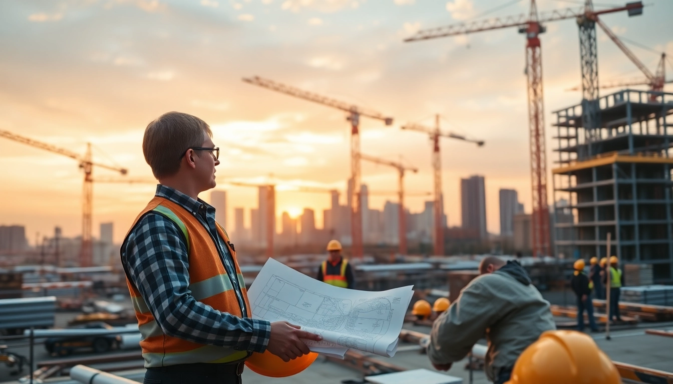New Jersey Construction Manager coordinating a dynamic construction site with workers and cranes.