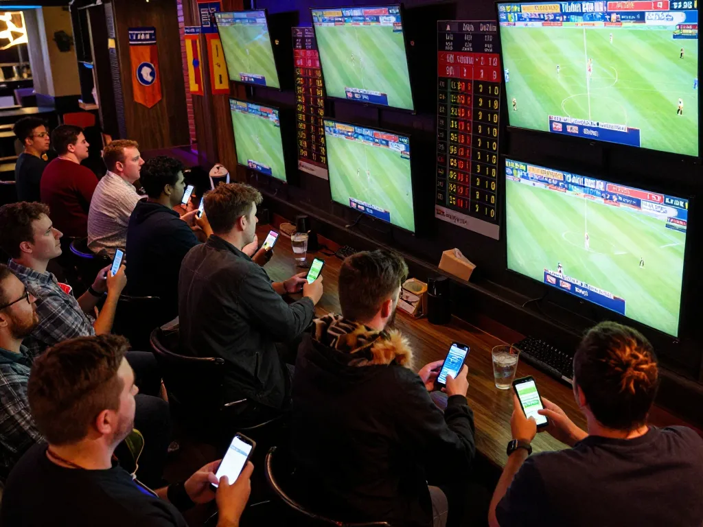 Kèo nhà cái offers live sports betting excitement with patrons engaging in betting apps at a lively bar.